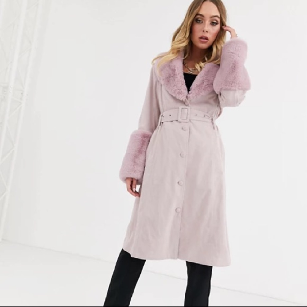 Missguided Light Pink Faux Fur Collar Coat